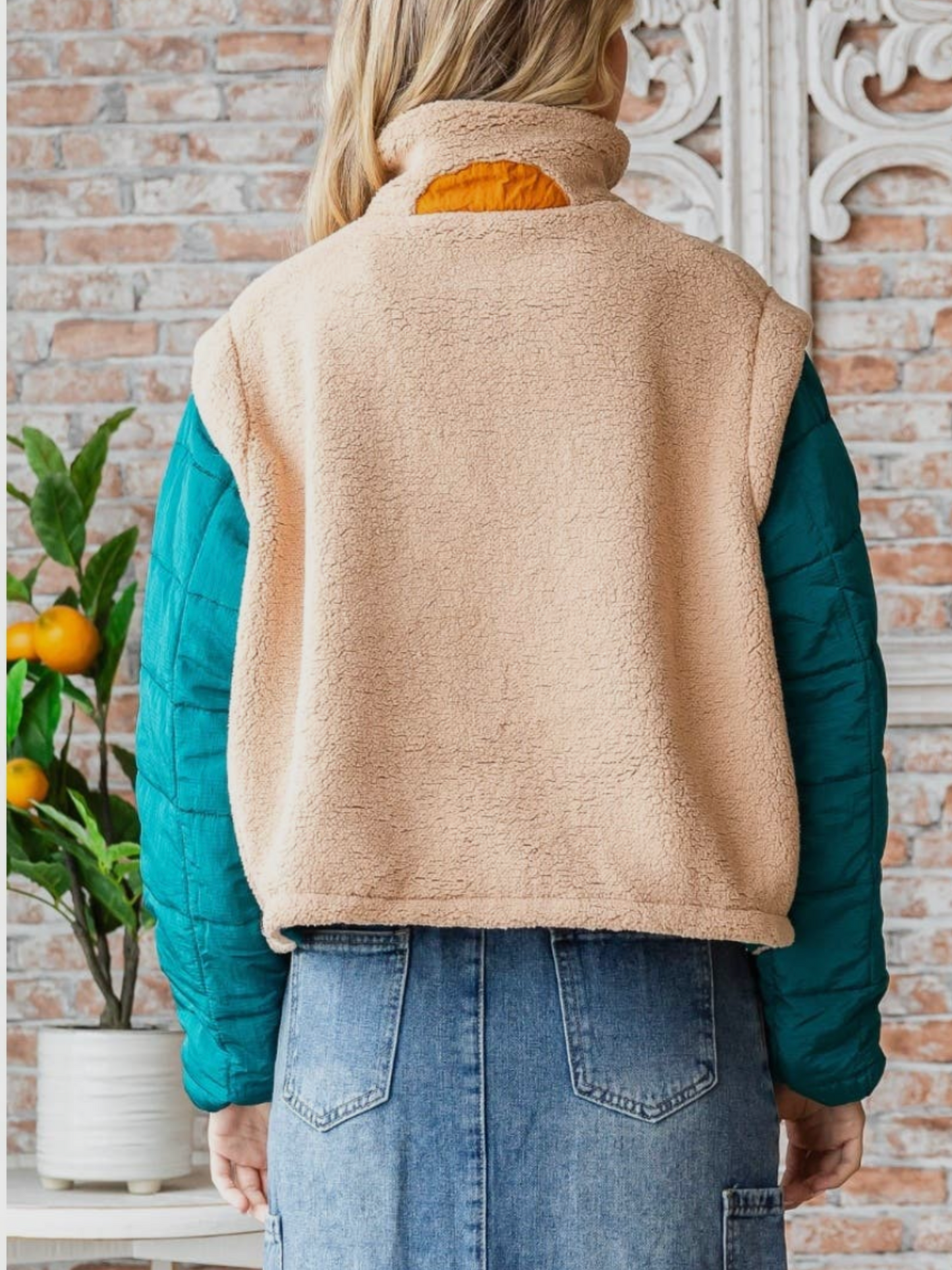 Fleece Quilted Puffer Pullover | Beige Combo