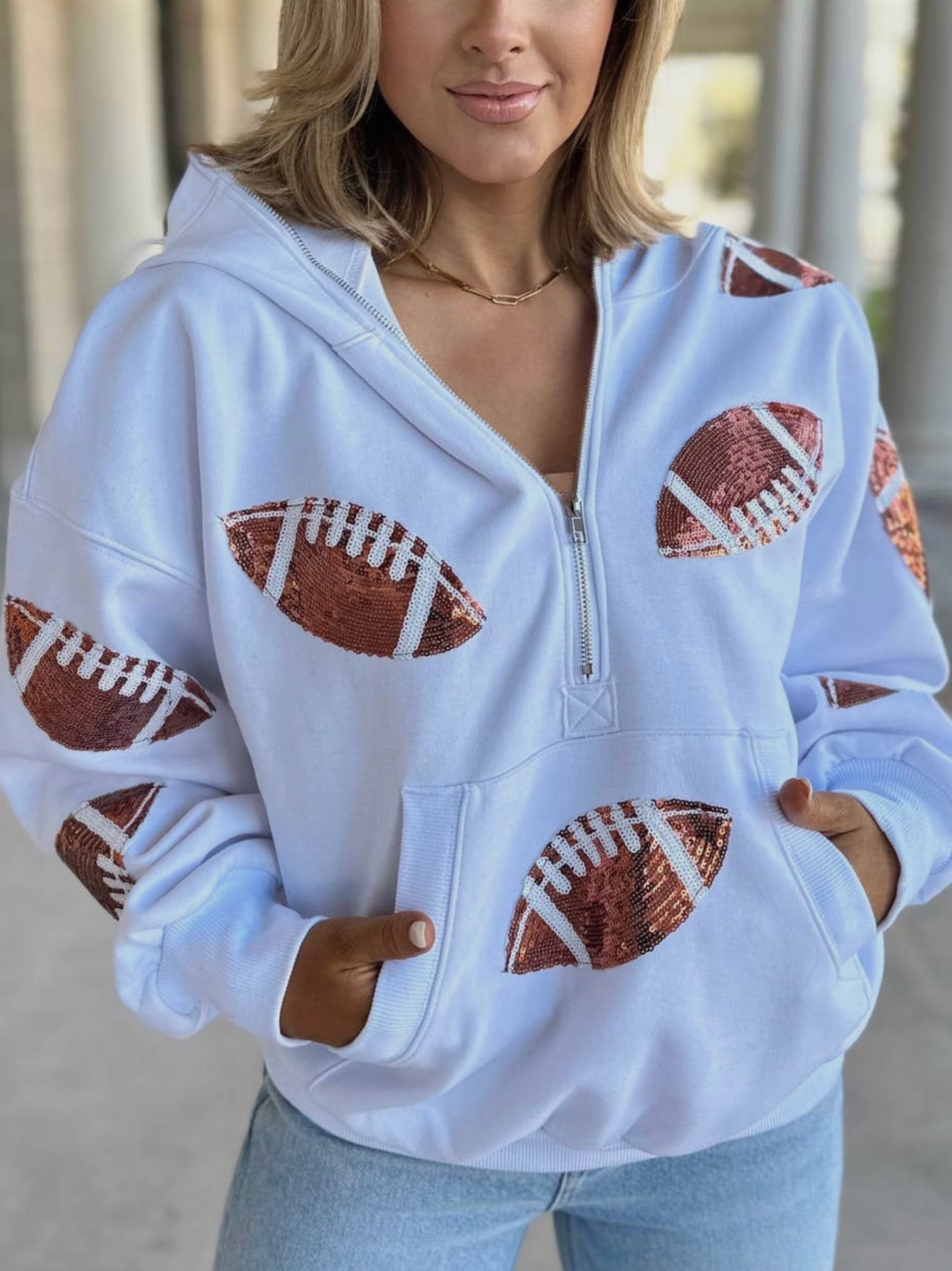Sequin Football Pullover Hoodie | White